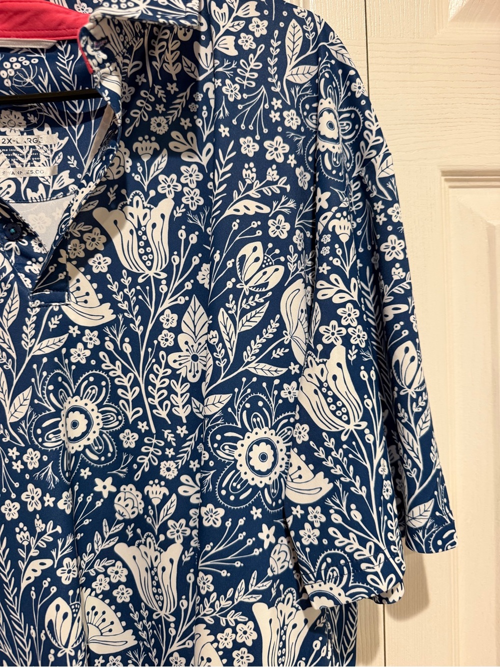 Men's Navy Floral Polo with Pink Contrast Trim - Picture 2 of 4
